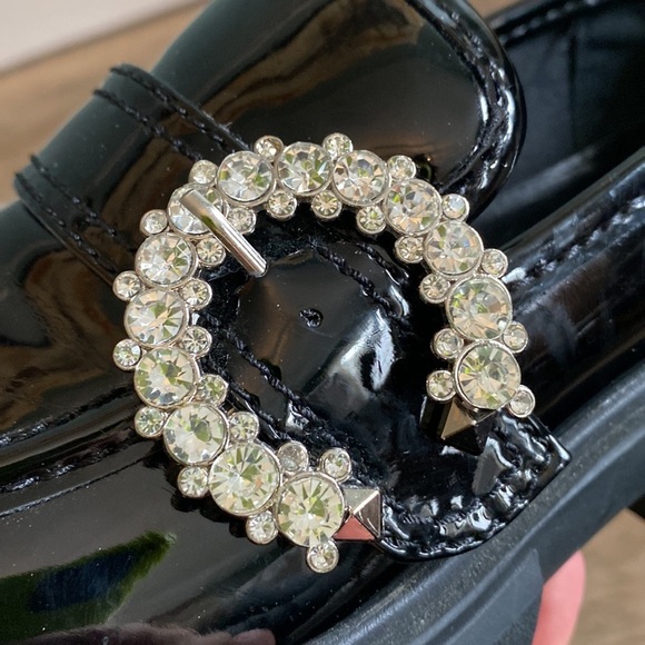 Steve Madden Hailey Chunky Heel Black vegan Patent Bling Buckle 7.5 preppychic - Picture 6 of 7